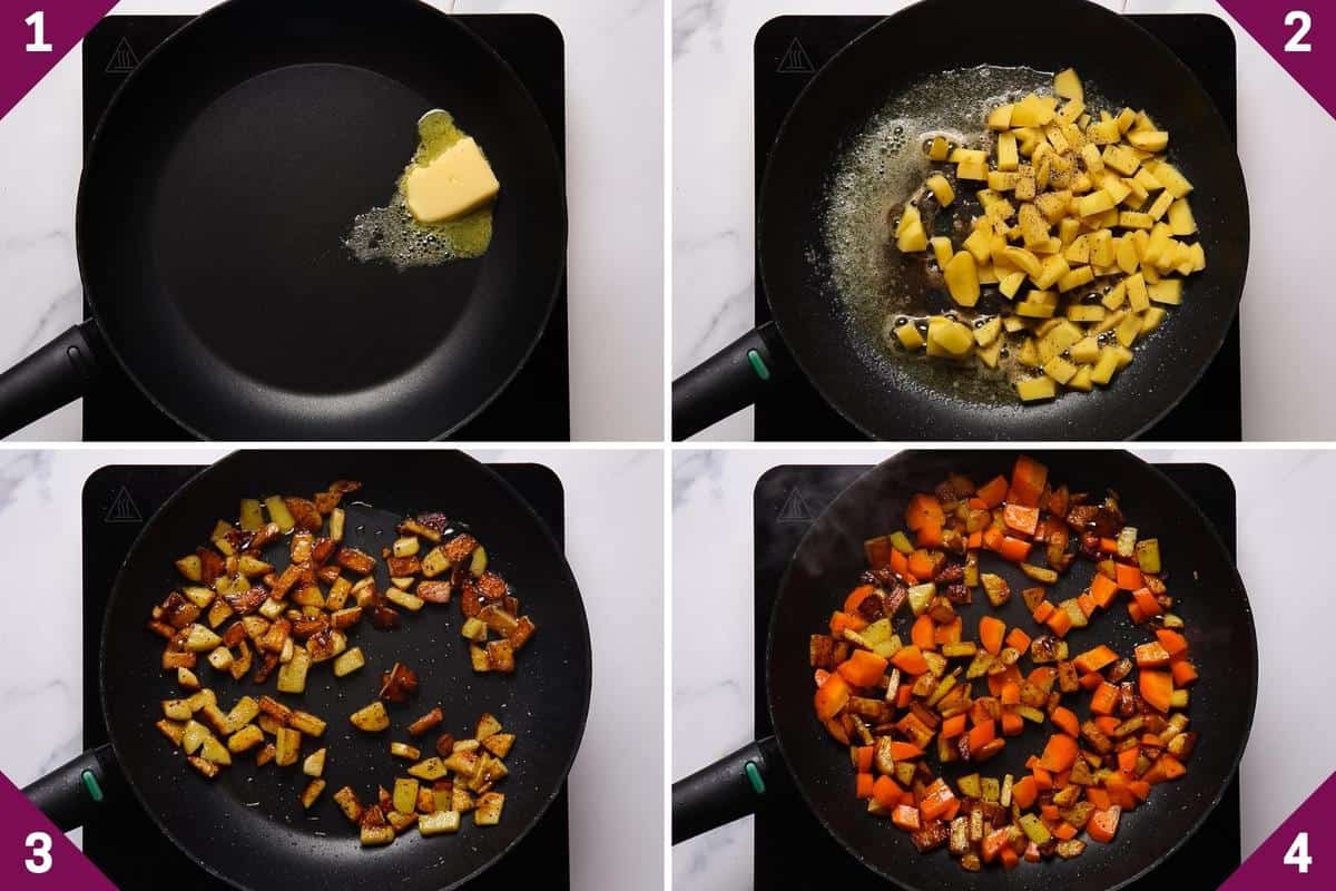 collage showing how to make leftover turkey hash.
