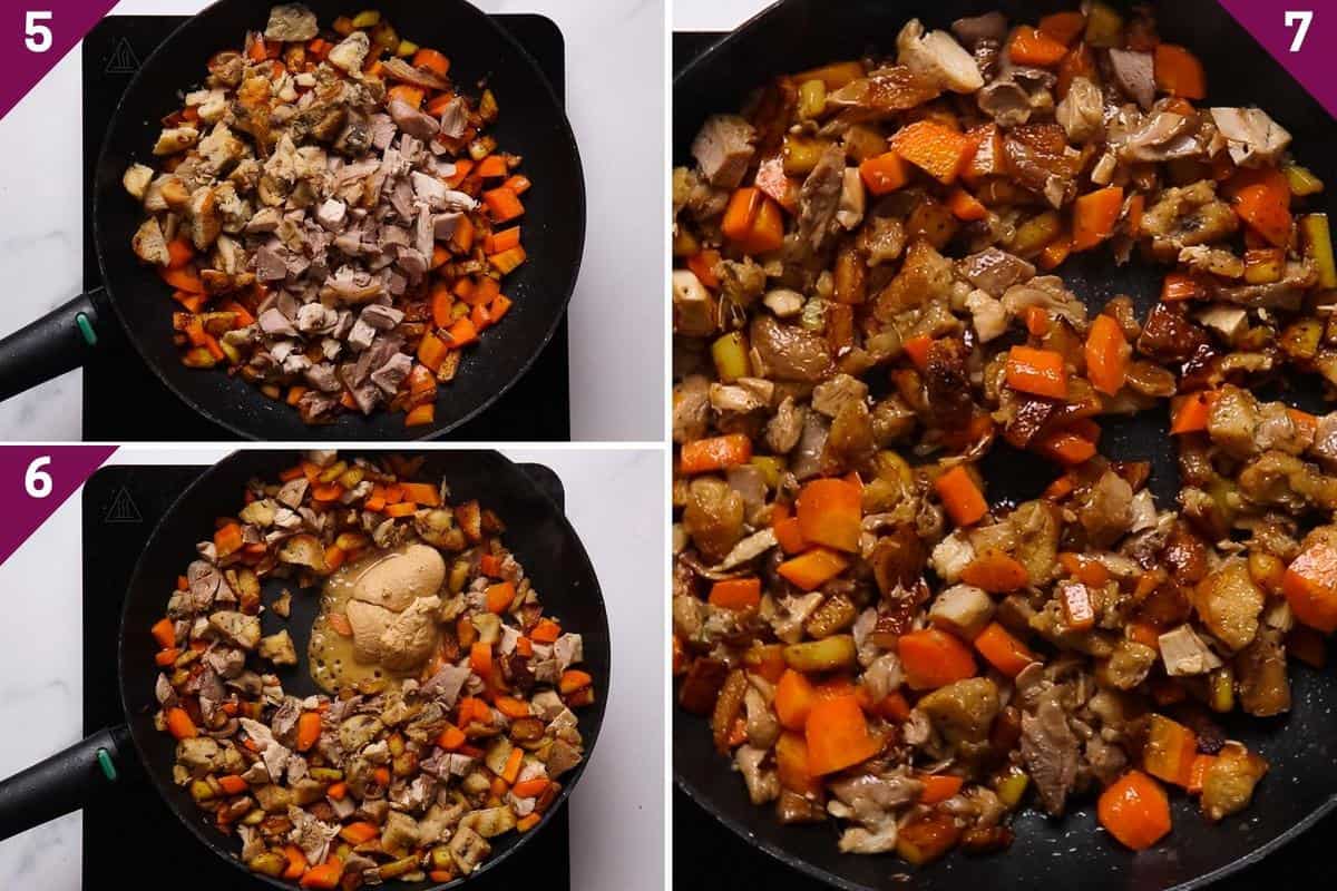 collage showing how to make leftover turkey hash.