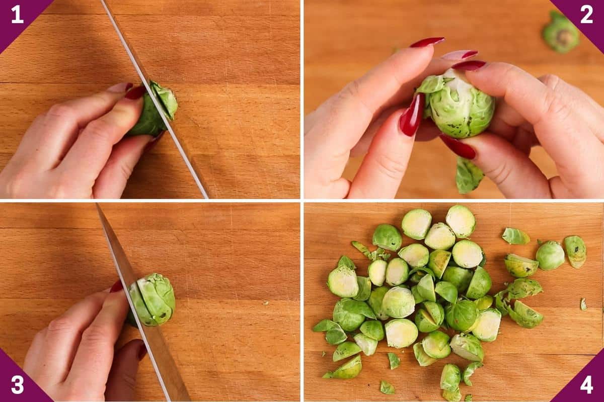 collage showing how to clean and cut brussels sprouts.