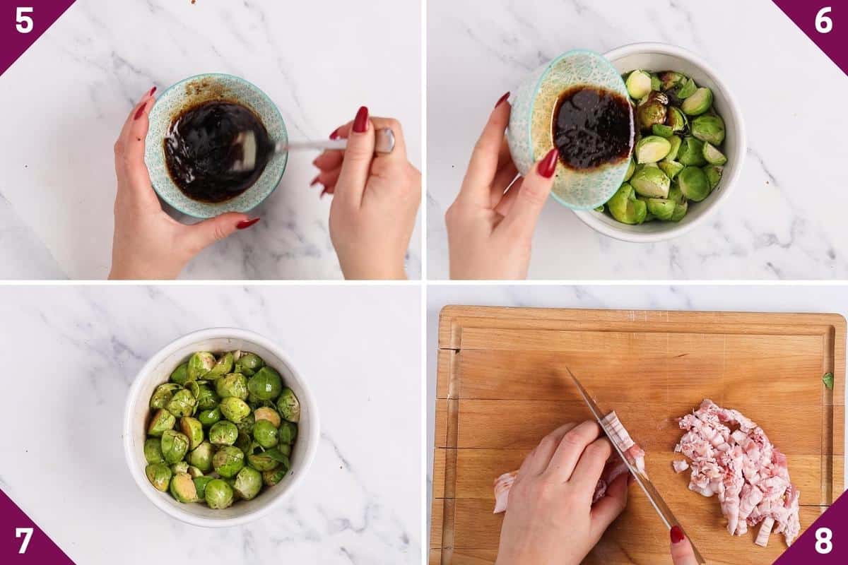 collage showing how to make air fryer brussel sprouts with bacon