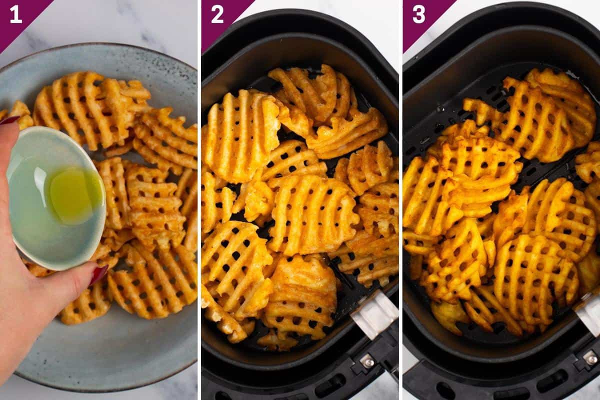 collage showing how to make waffle fries in air fryer.