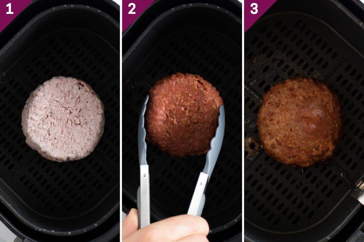 collage showing how to make frozen veggie burgers in air fryer