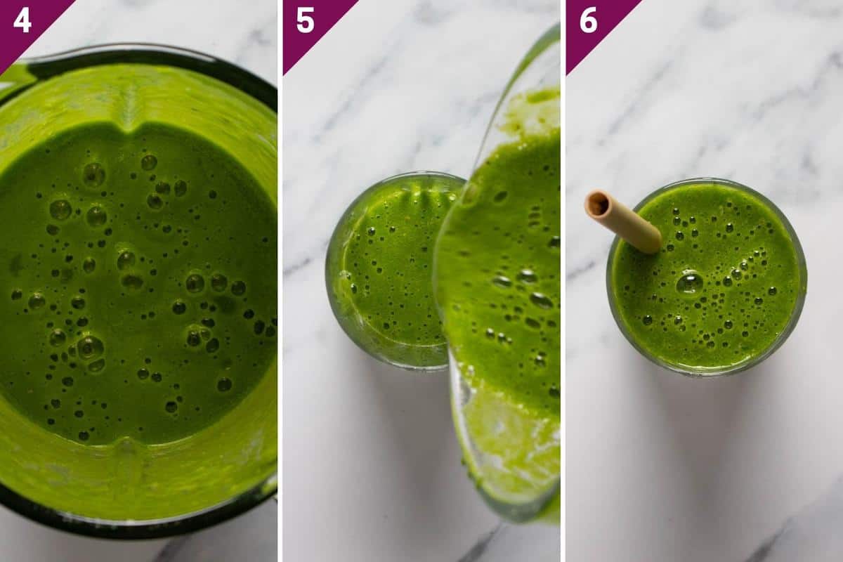 collage showing how to make a mango spinach smoothie