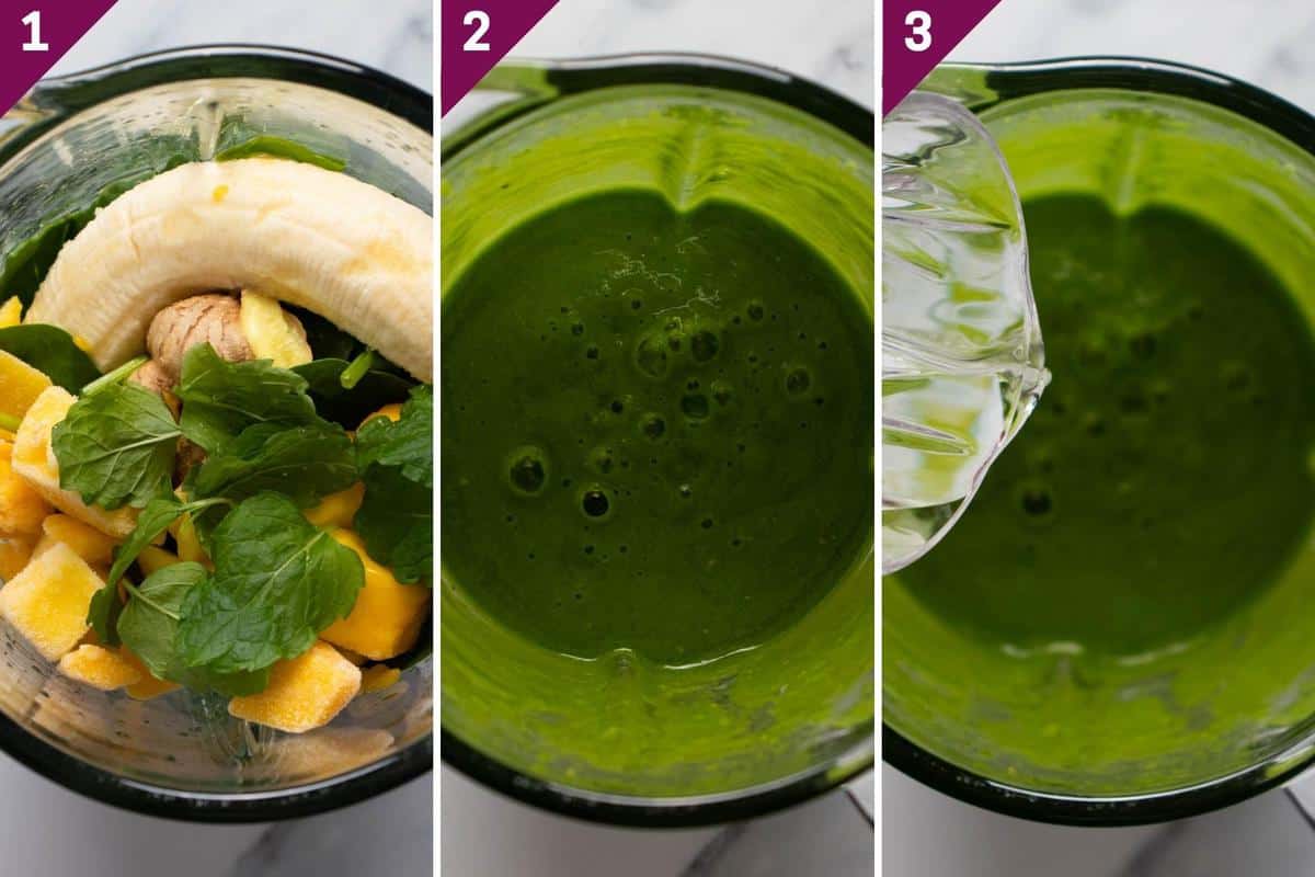 collage showing how to make a mango spinach smoothie.