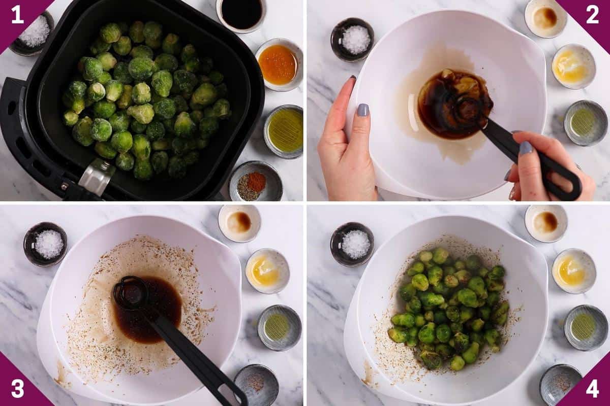 collage showing how to make air fryer frozen brussel sprouts.