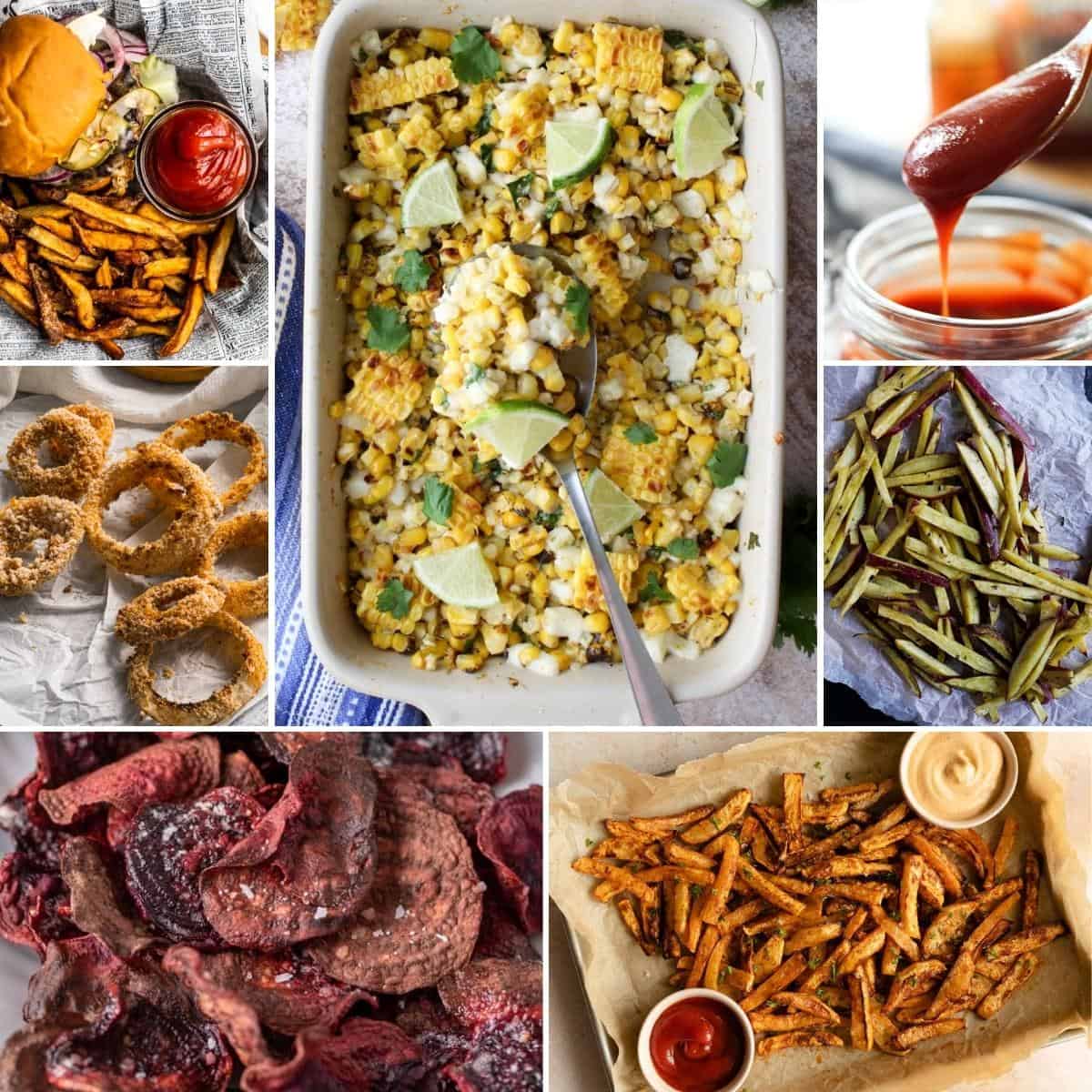 collage of different healthy sides for burgers and hotdogs