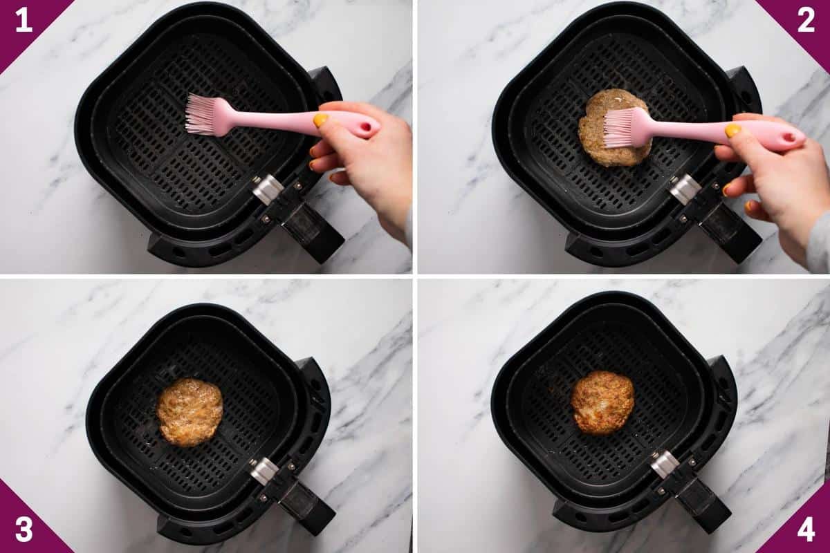 collage showing how to cook frozen turkey burgers in air fryer.