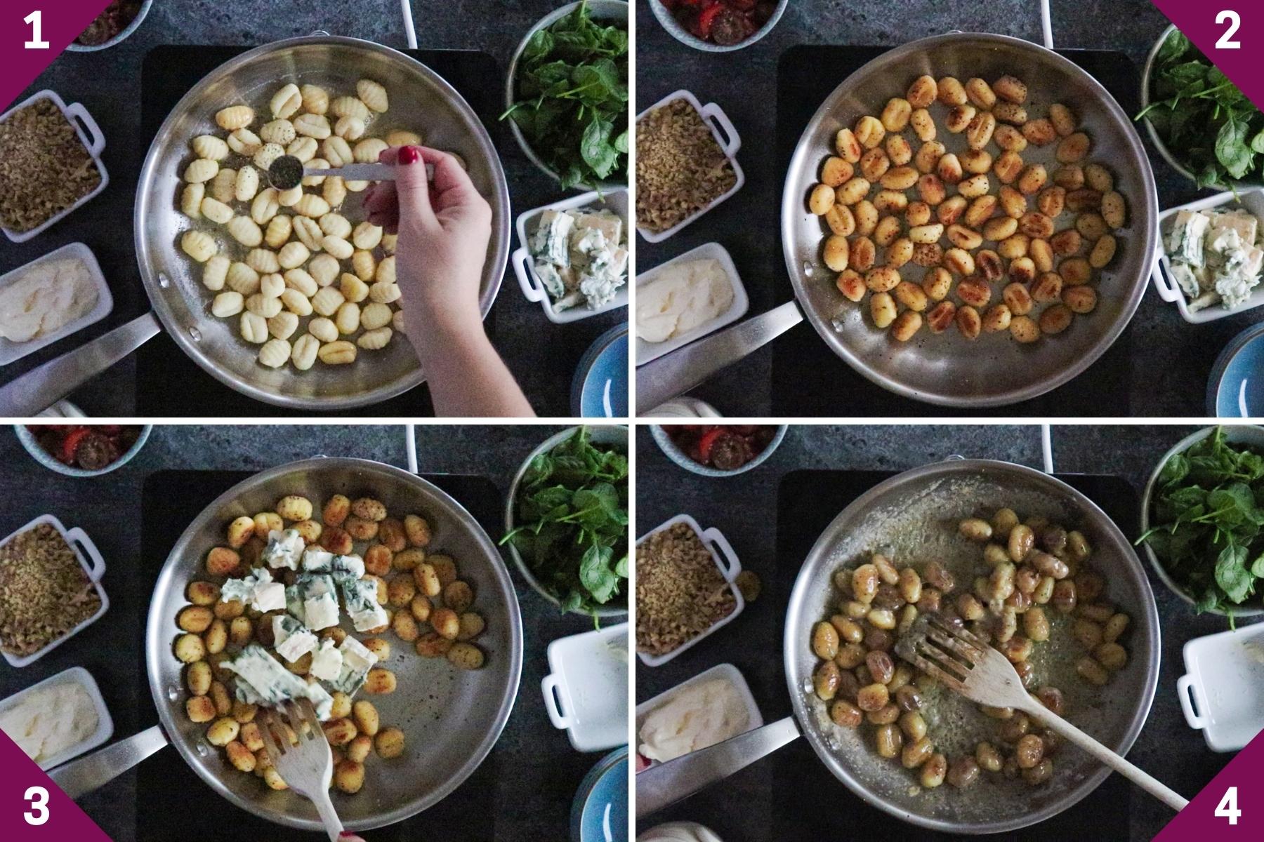 collage showing how to make gorgonzola gnocchi.