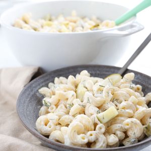 dill pickle pasta salad in a black bowl