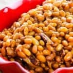 boston bake beans in a red dish
