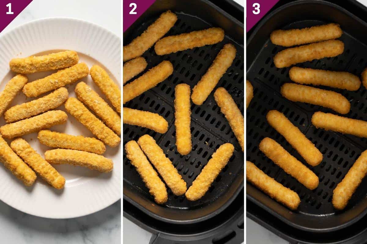 collage showing how to make frozen chicken fries in air fryer.