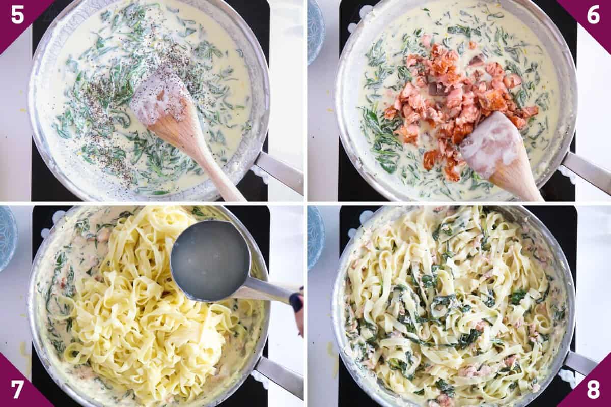 Collage showing how to make salmon spinach pasta.