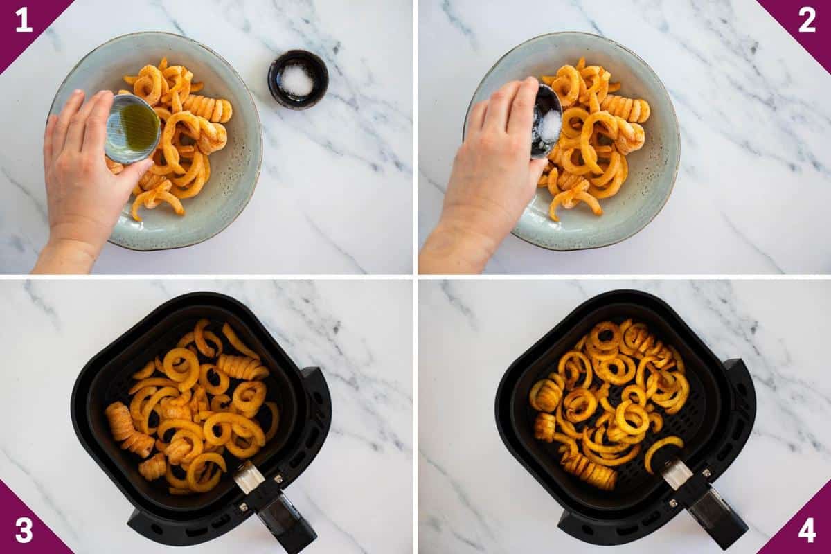 collage showing how to make frozen curly fries in ai fryer.