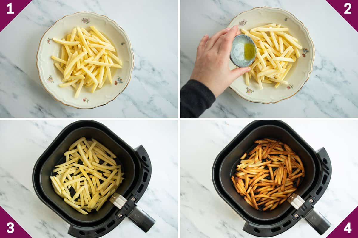 Collage showing how to cook frozen french fries in your air fryer.