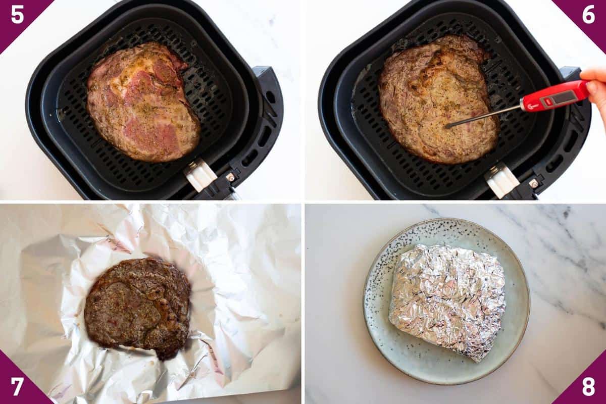 collage showing how to cook frozen steak in air fryer