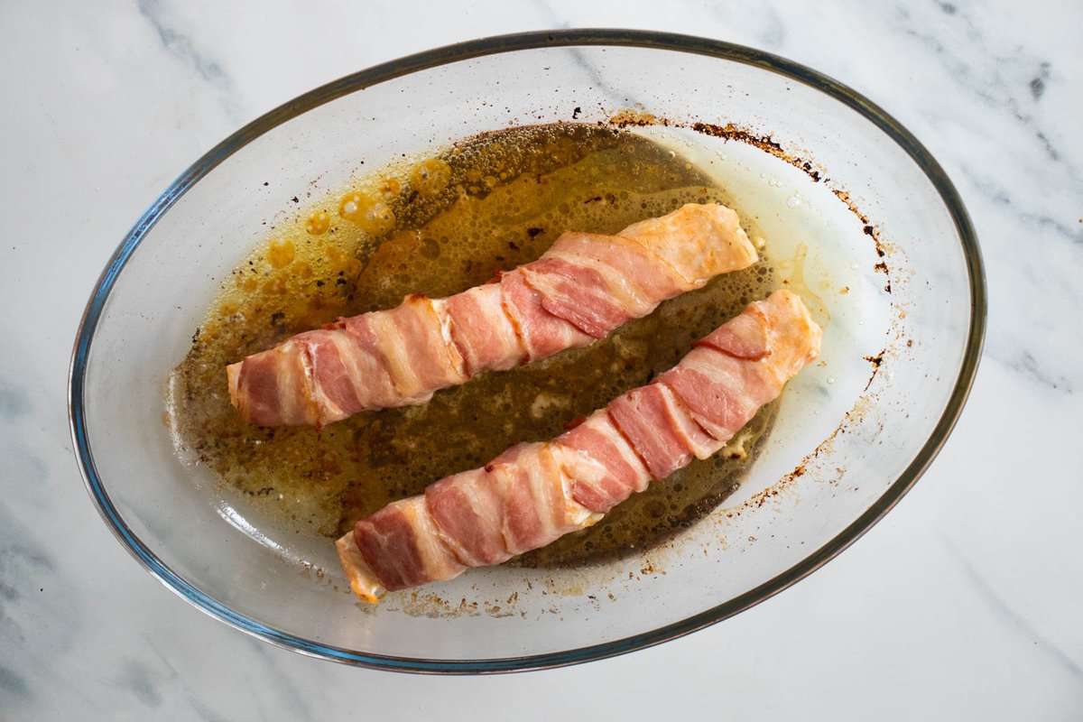 bacon wrapped salmon after baking.