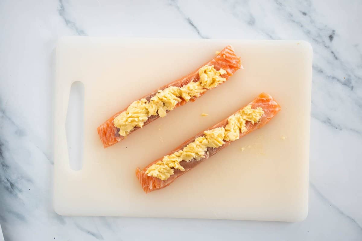 salmon topped with garlic butter.