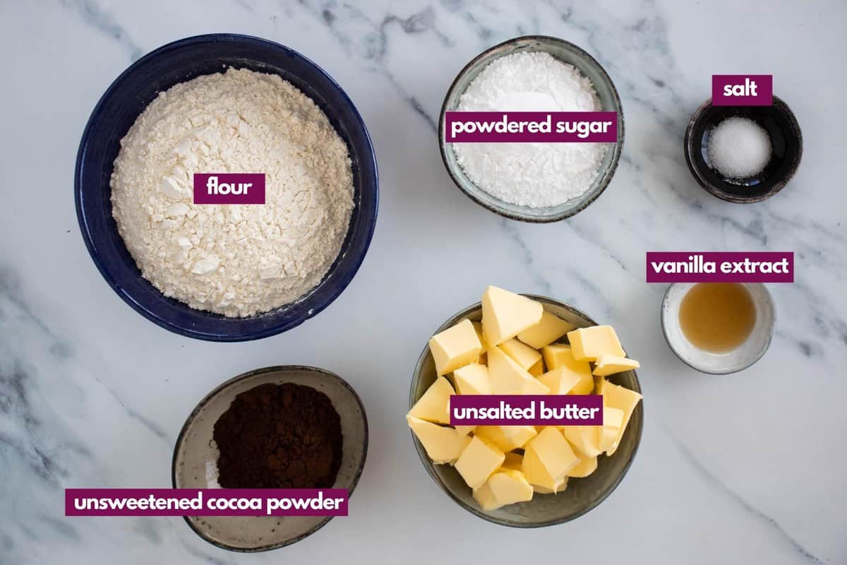 ingredients needed to make cocoa powder cookies.