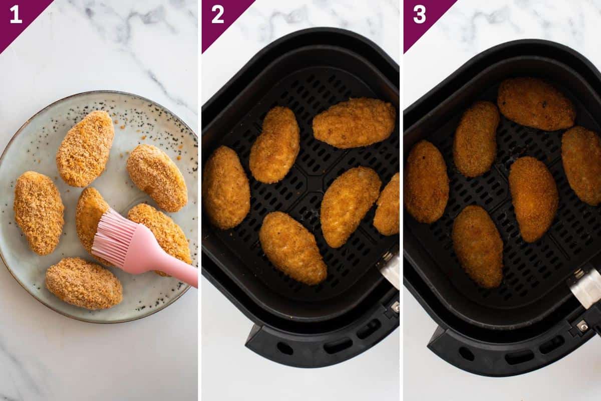 collage showing how to make frozen jalapeño poppers in air fryer.