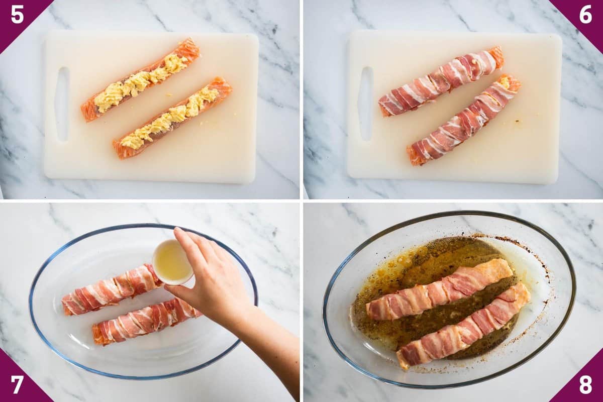 collage showing how to make bacon wrapped salmon.