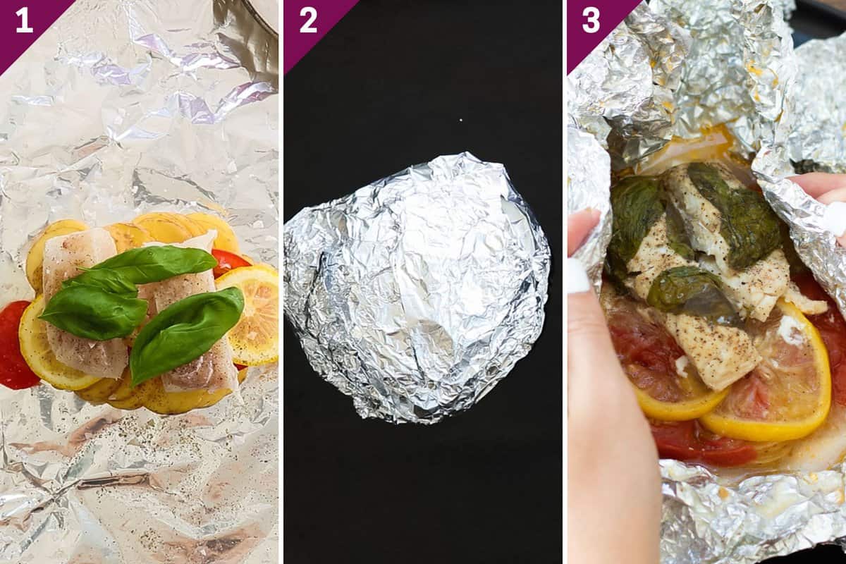 Collage showing how to make baked cod in foil.