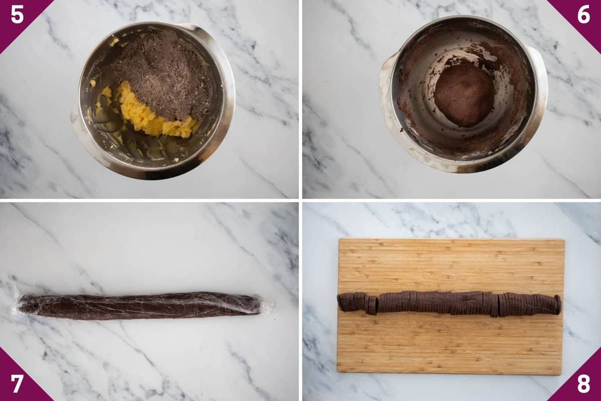 collage showing how to make cocoa powder cookies.