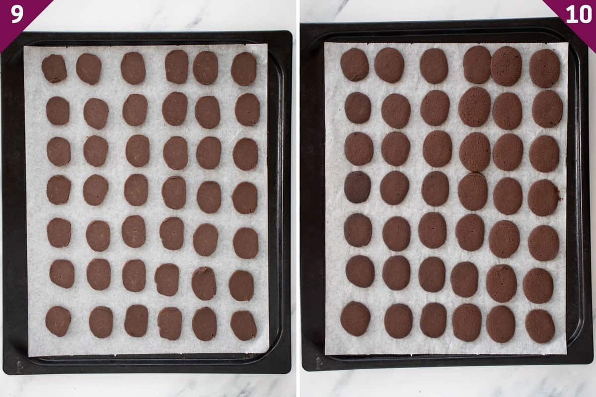 collage showing cocoa powder cookies before and after baking.