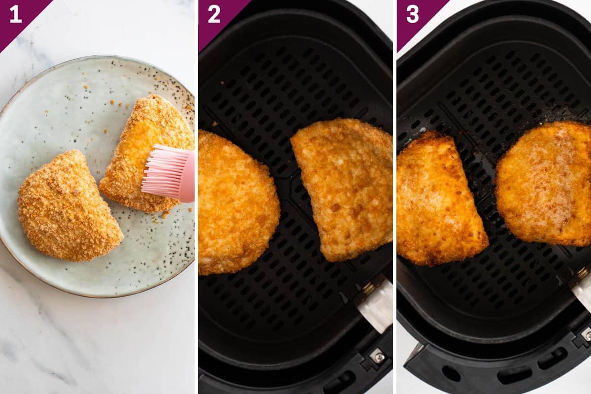 collage showing how to make frozen chicken cordon bleu in air fryer.