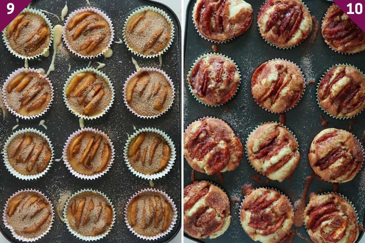 Collage showing cinnamon apple muffins before and after baking.