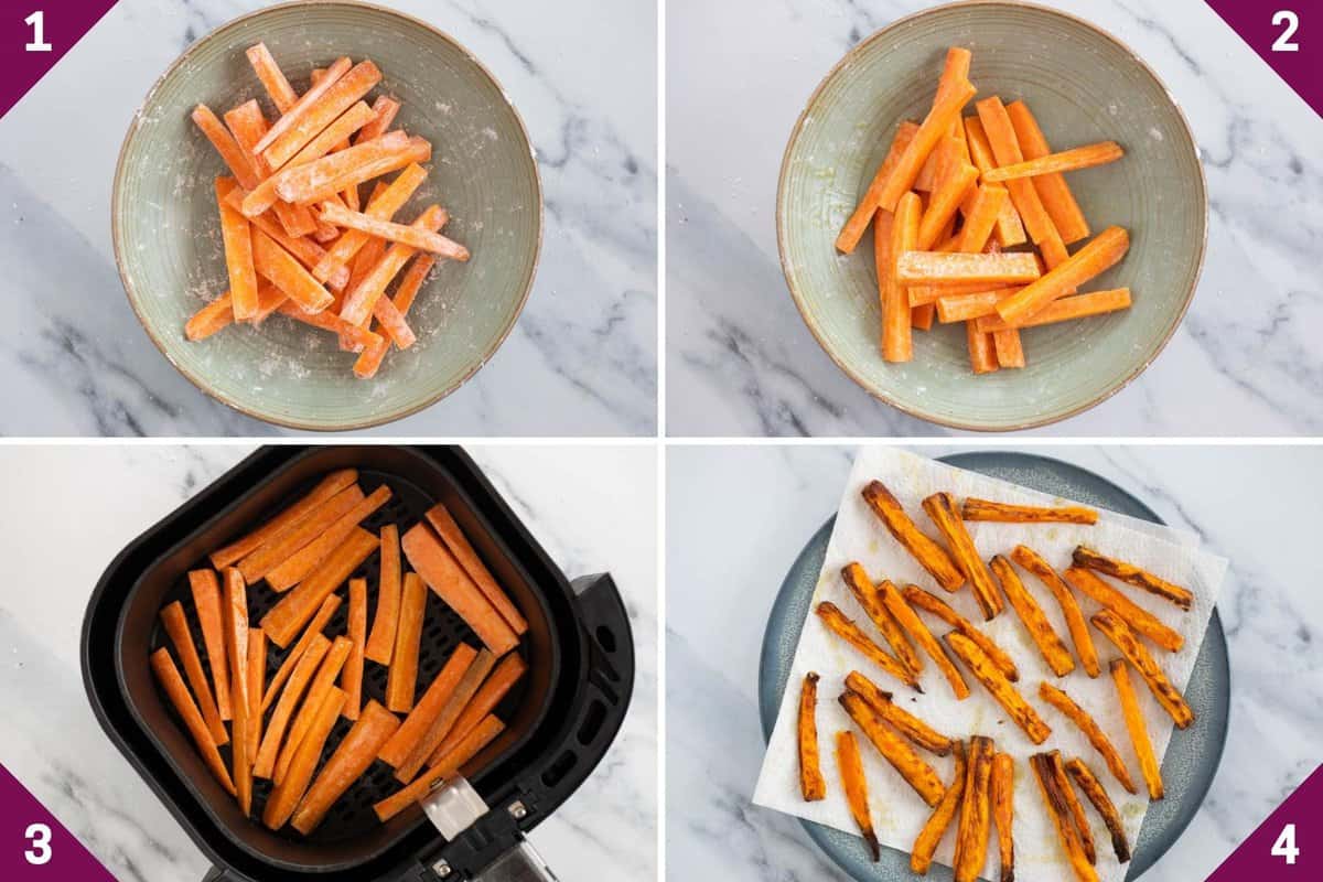Collage showing how to make air fryer carrot fries.