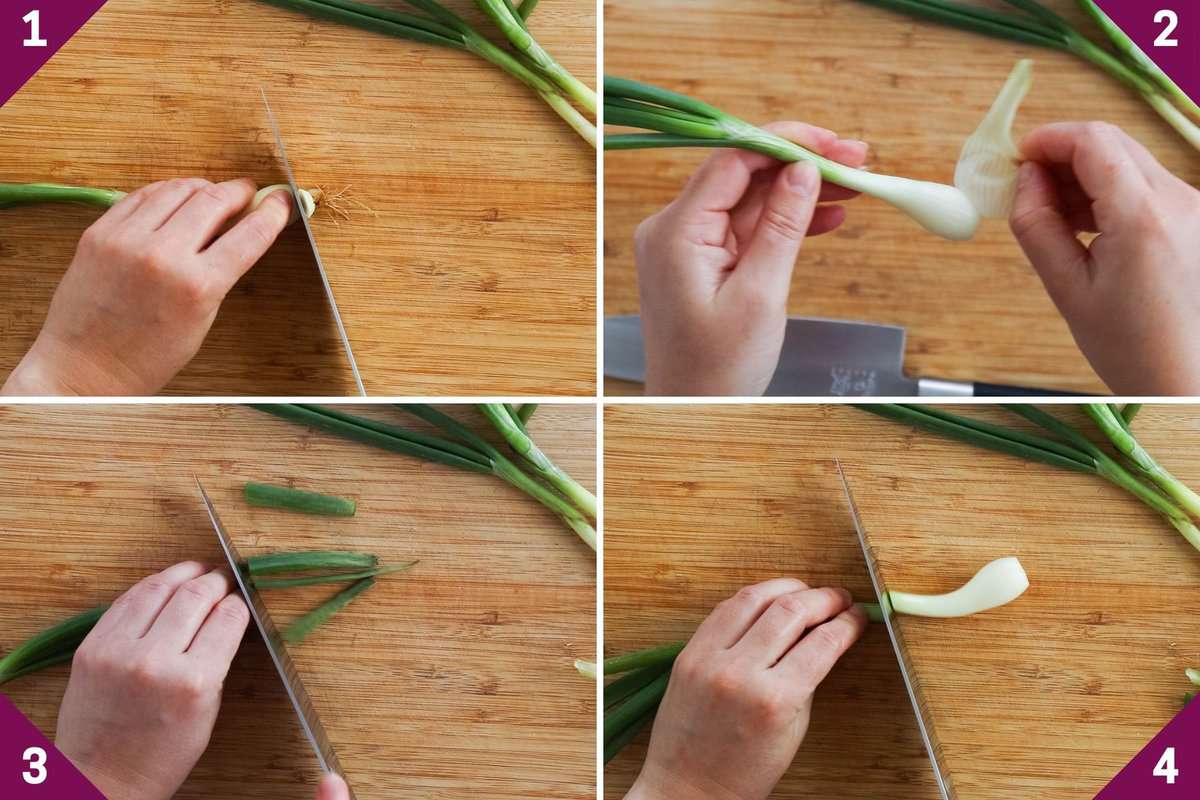 Collage showing how to slice green onions.
