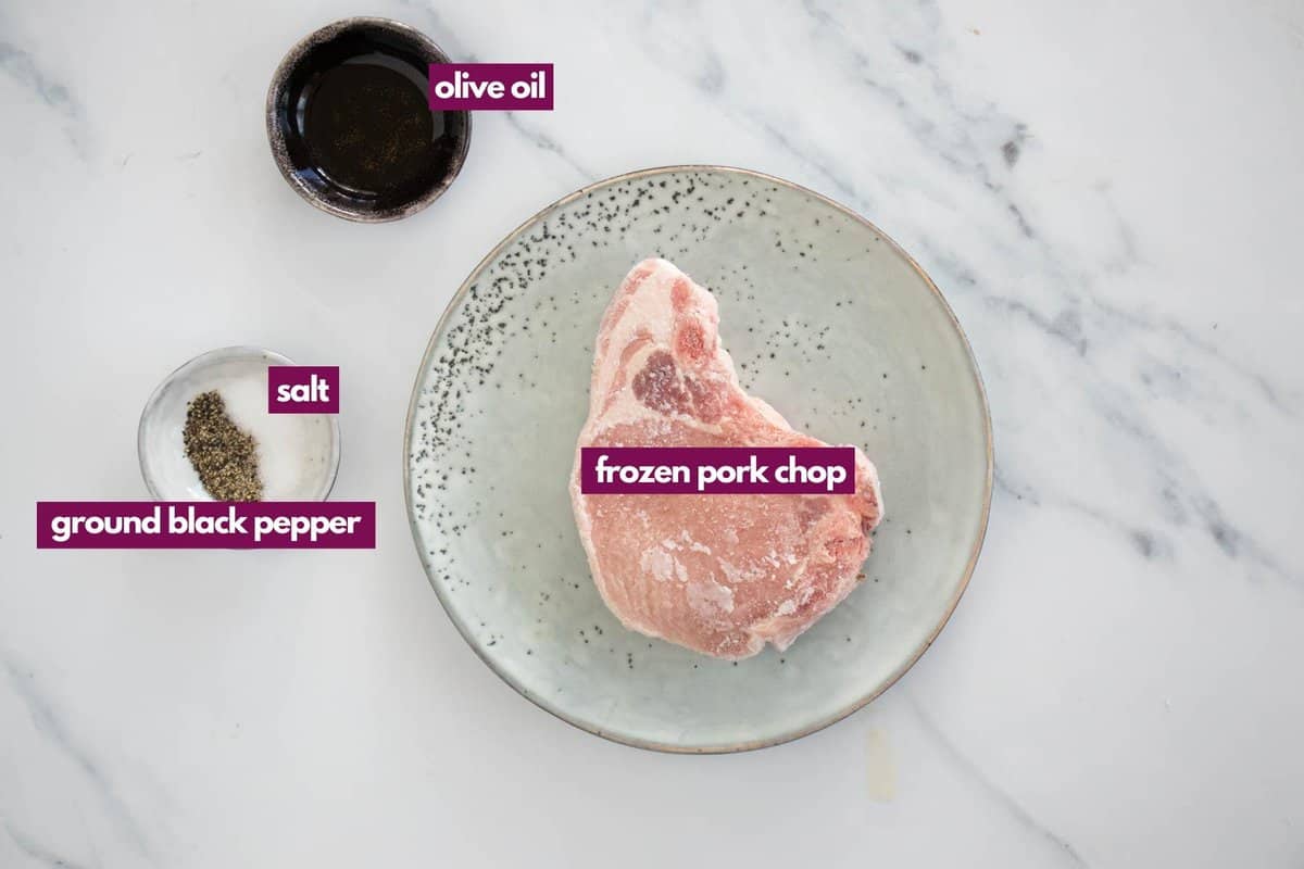 Ingredients for air fryer frozen pork chops.