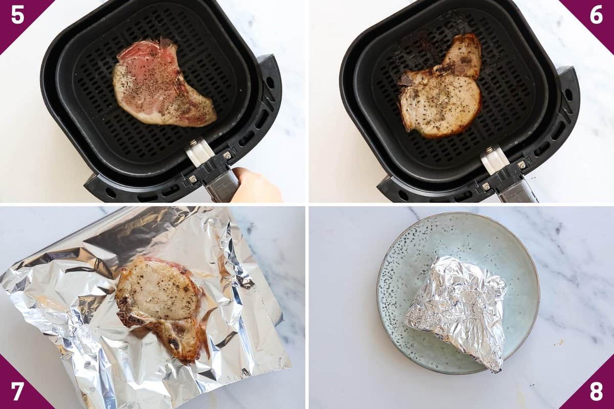 Collage showing how to cook frozen pork chops in air fryer.