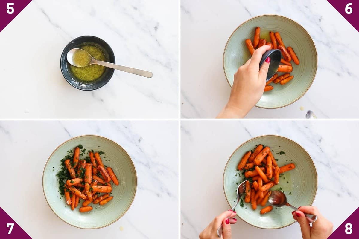 Collage showing how to cook air fryer baby carrots.