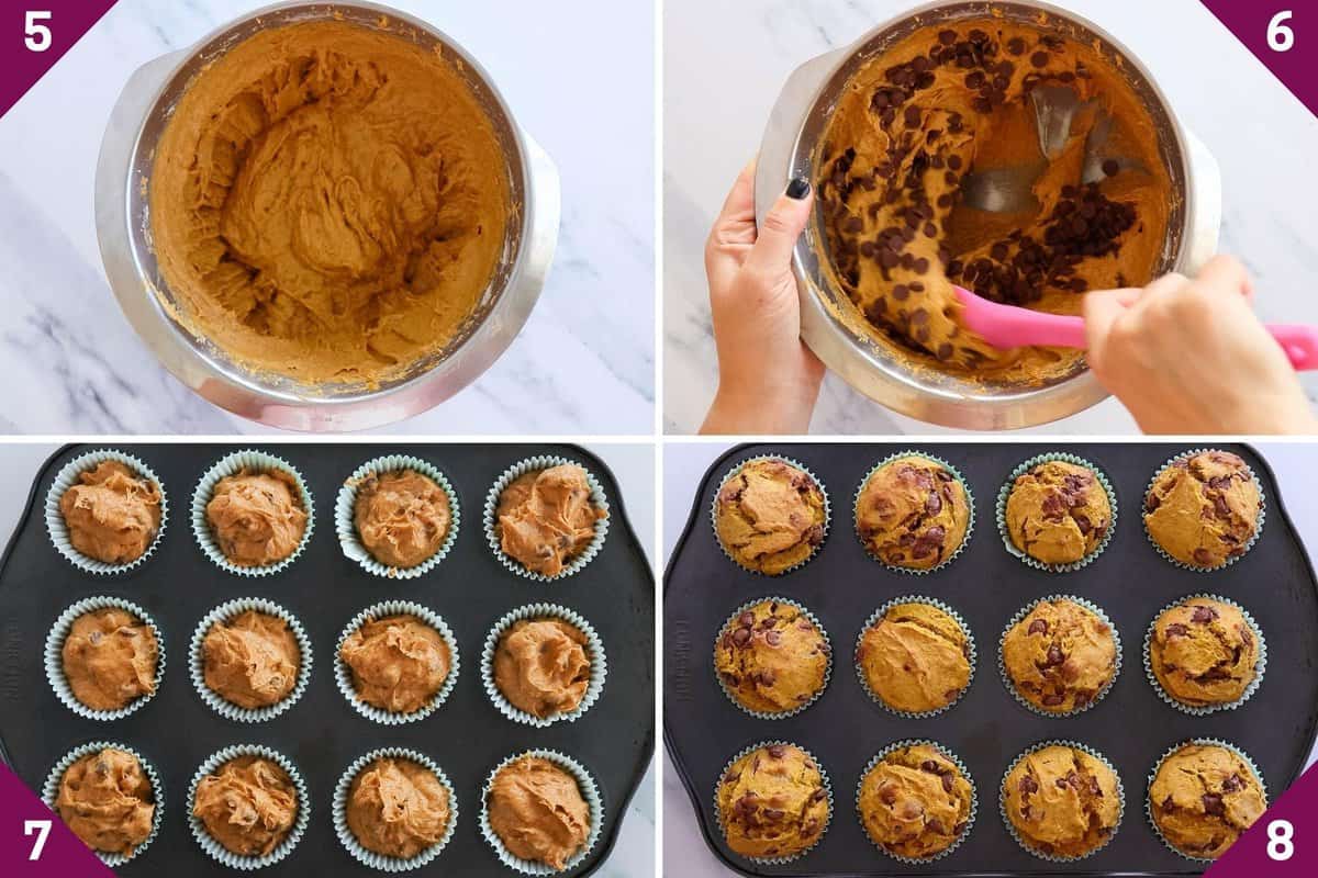 Collage showing how to make pumpkin banana muffins.