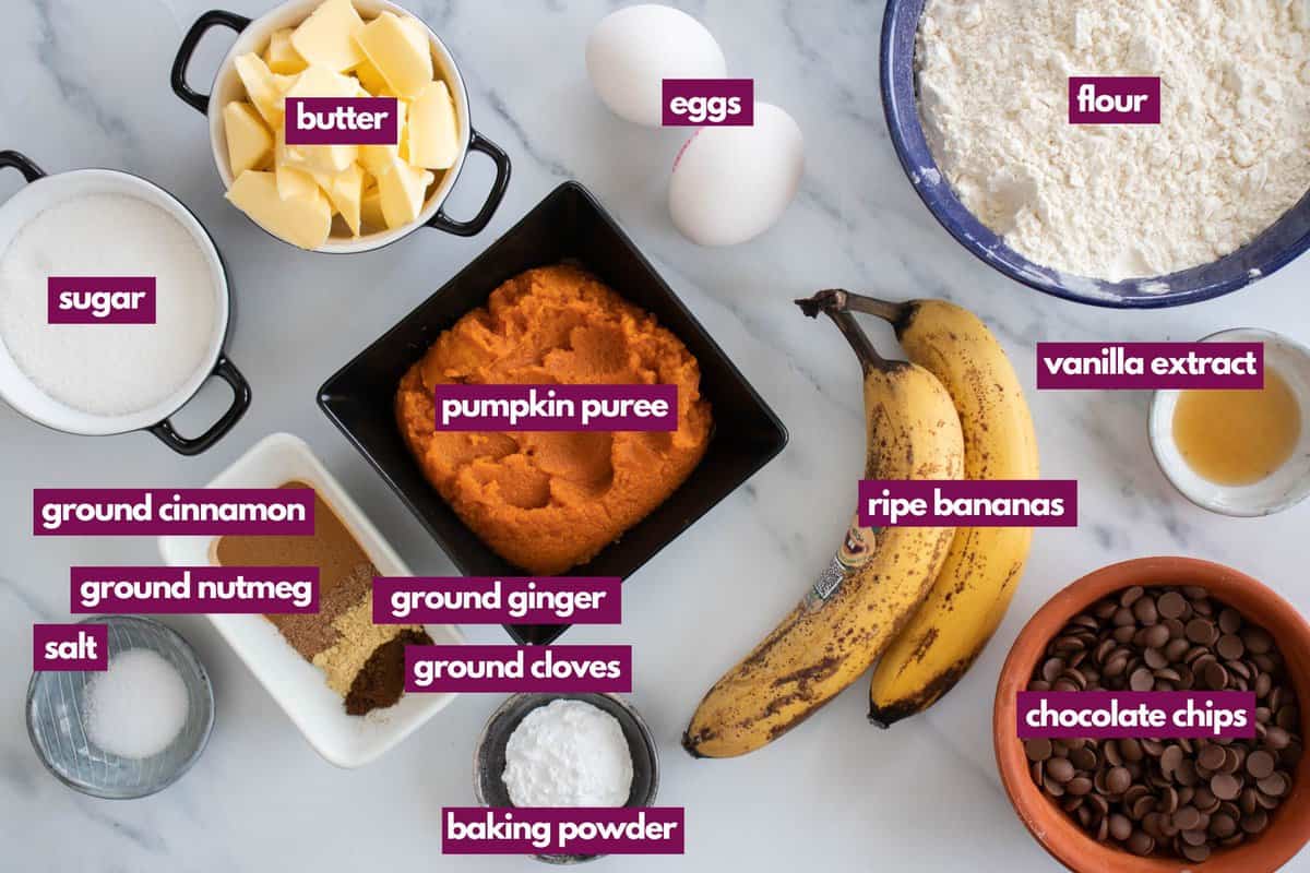 Ingredients needed to make pumpkin banana muffins.