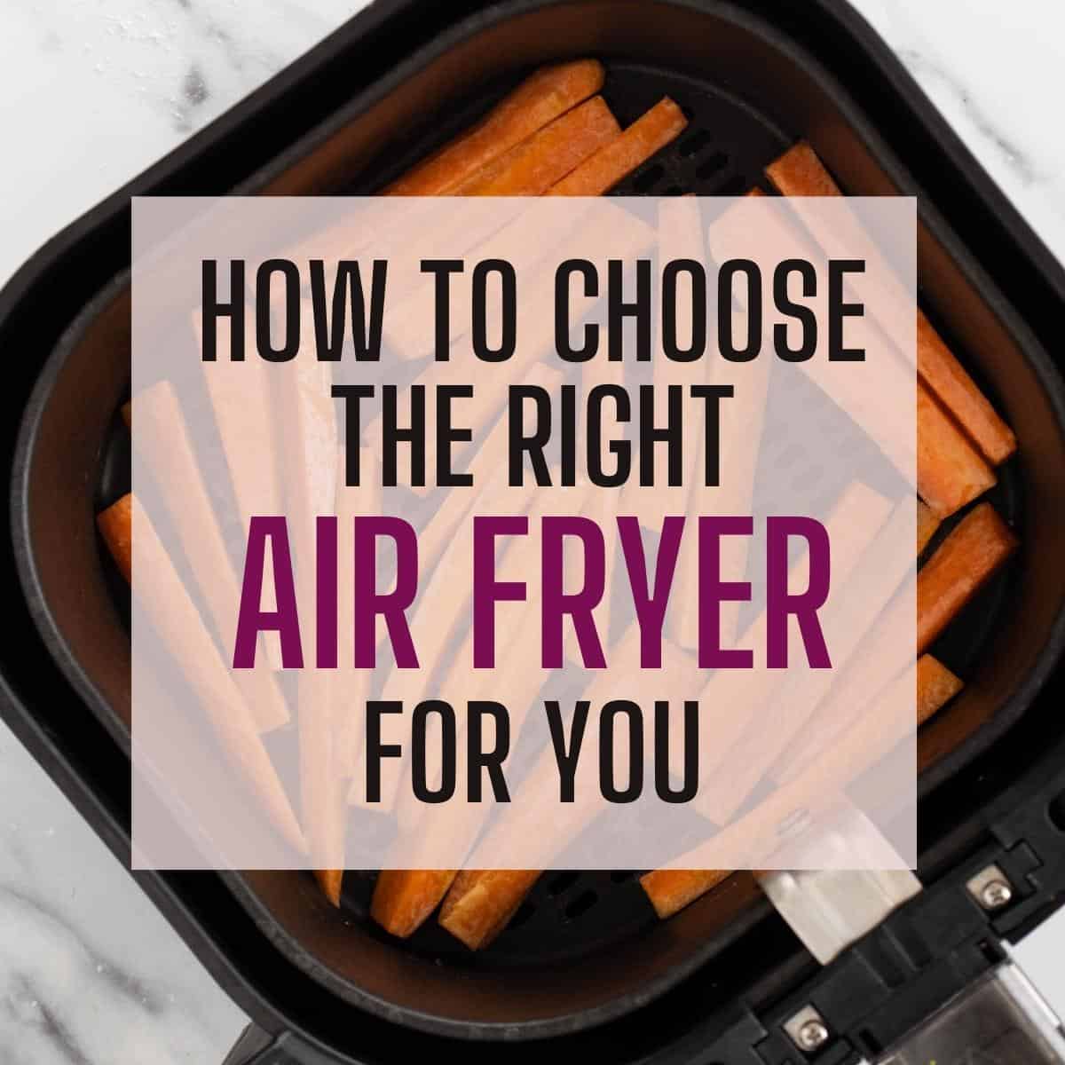 Carrot fries in air fryer with text overlay.