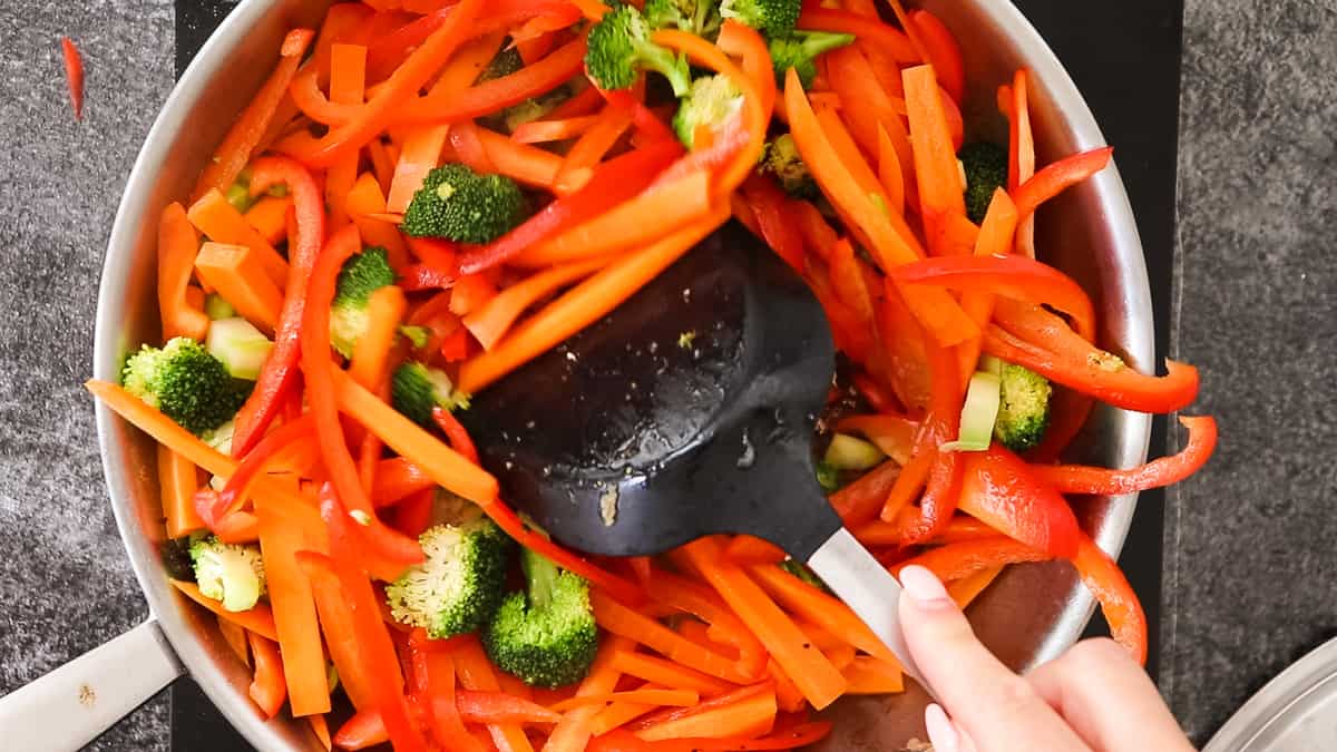 Veggies in a pan.