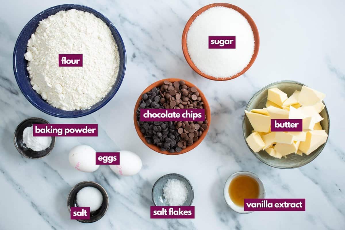 Ingredients for chocolate chip cookies without brown sugar and baking soda.