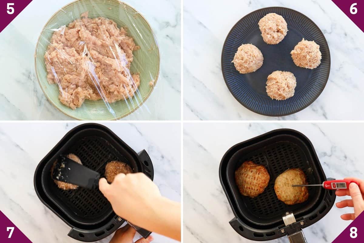 Collage showing how to make chicken patties in air fryer.