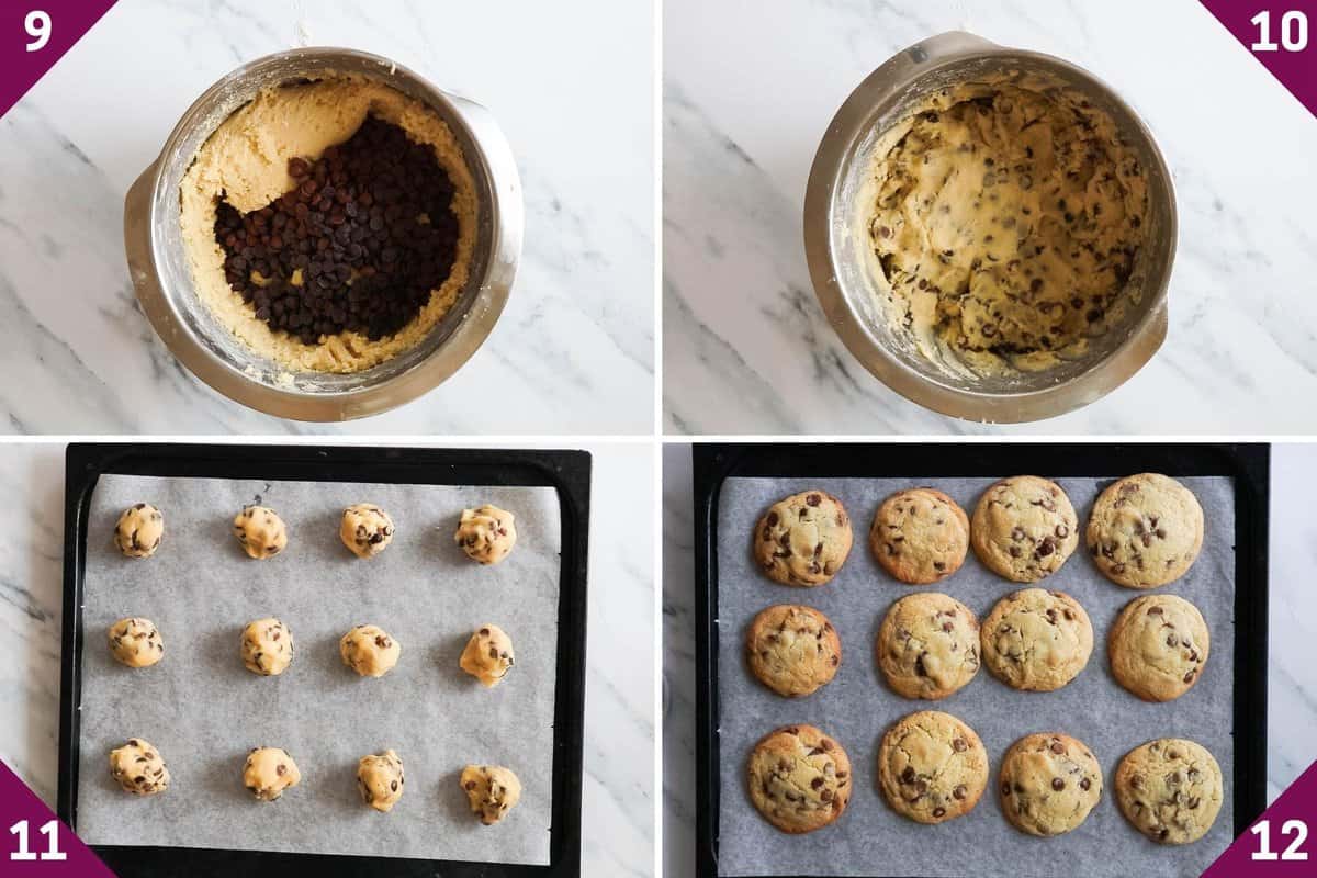Collage showing how to make chocolate chip cookies without brown sugar and baking soda.