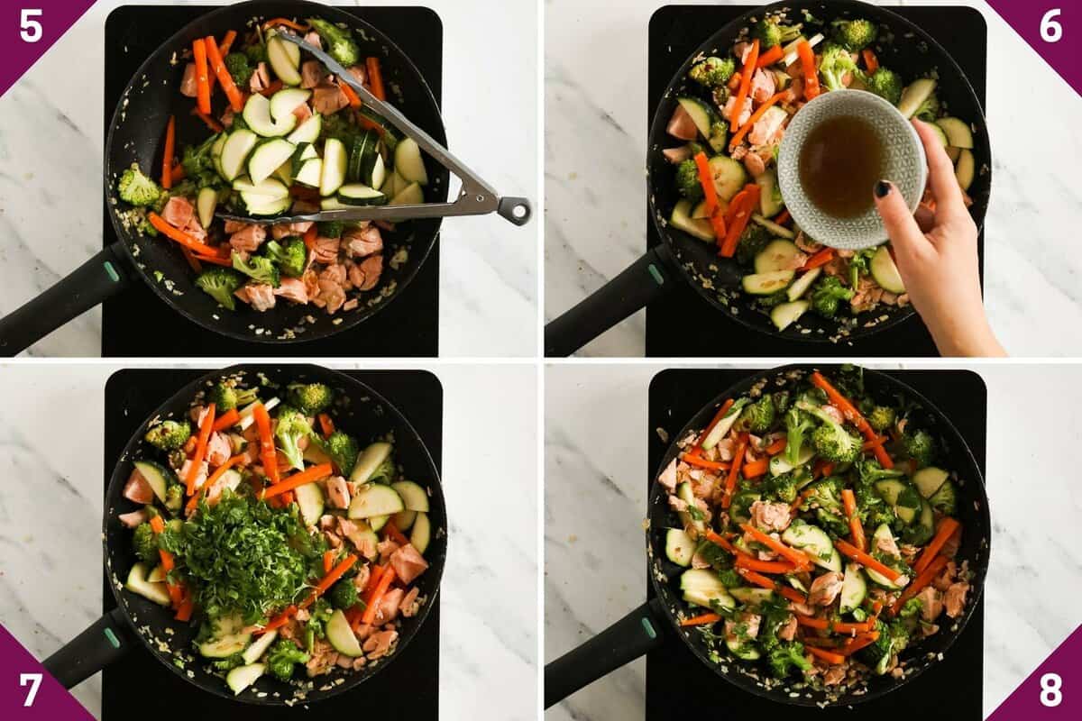 Collage showing how to make salmon stir fry.