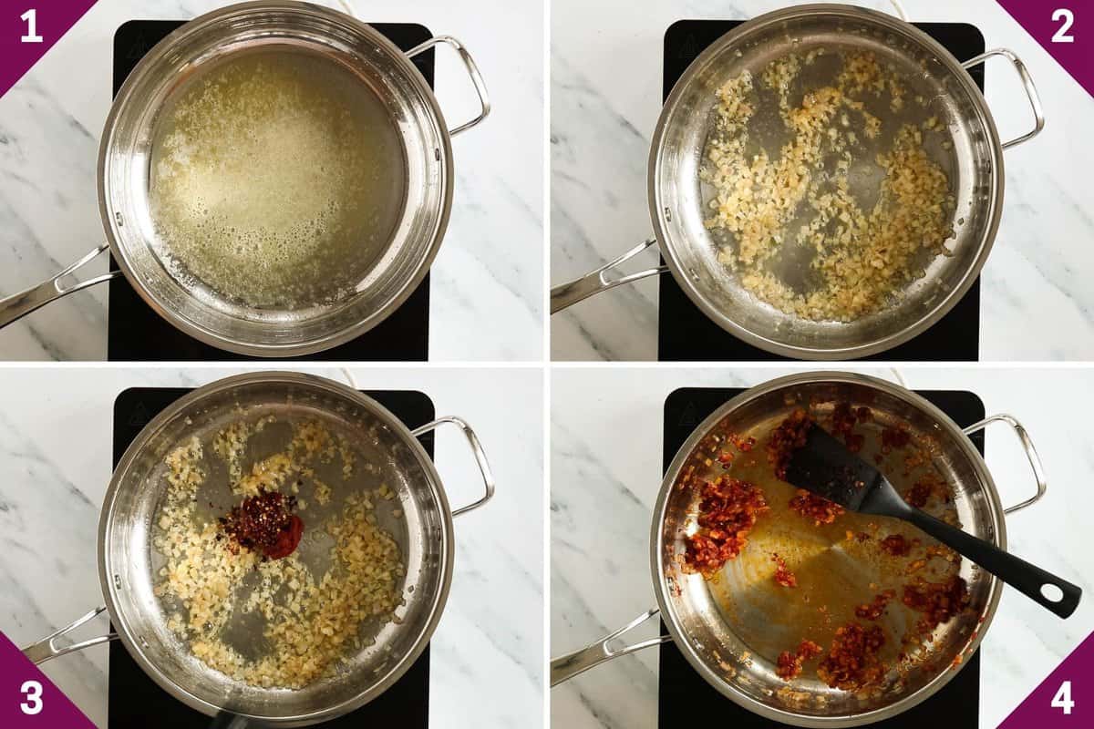 Collage showing how to make spicy vodka pasta.