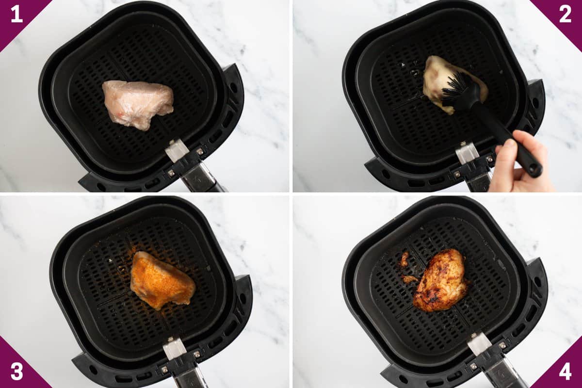 Collage showing how to cook frozen chicken breast in air fryer.