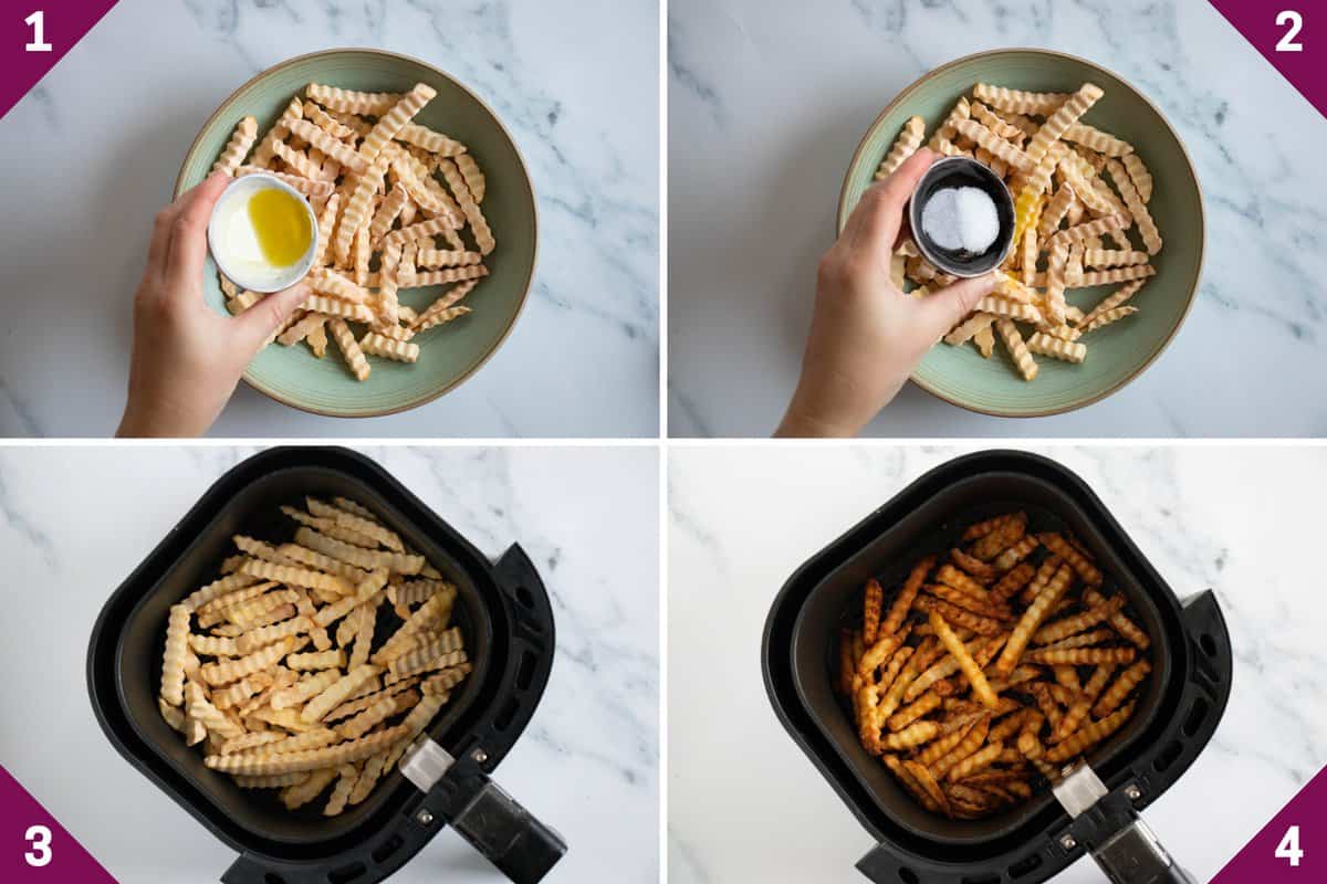 Collage showing how to make frozen crinkle fries in air fryer.