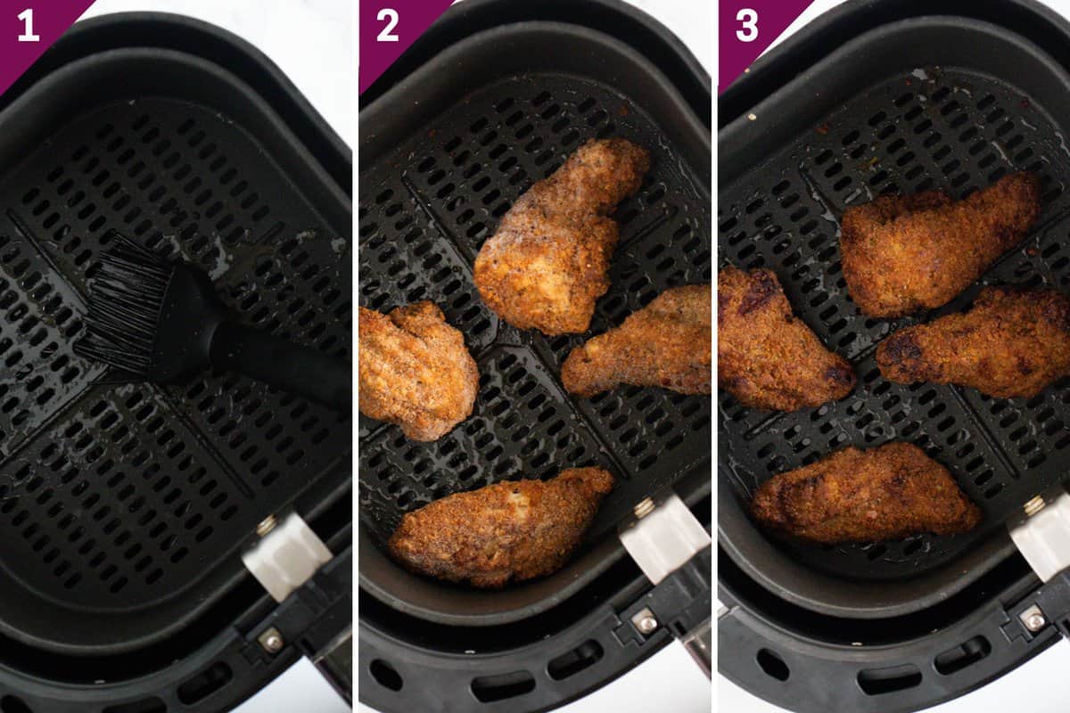 Collage showing how to make frozen fried chicken in air fryer.