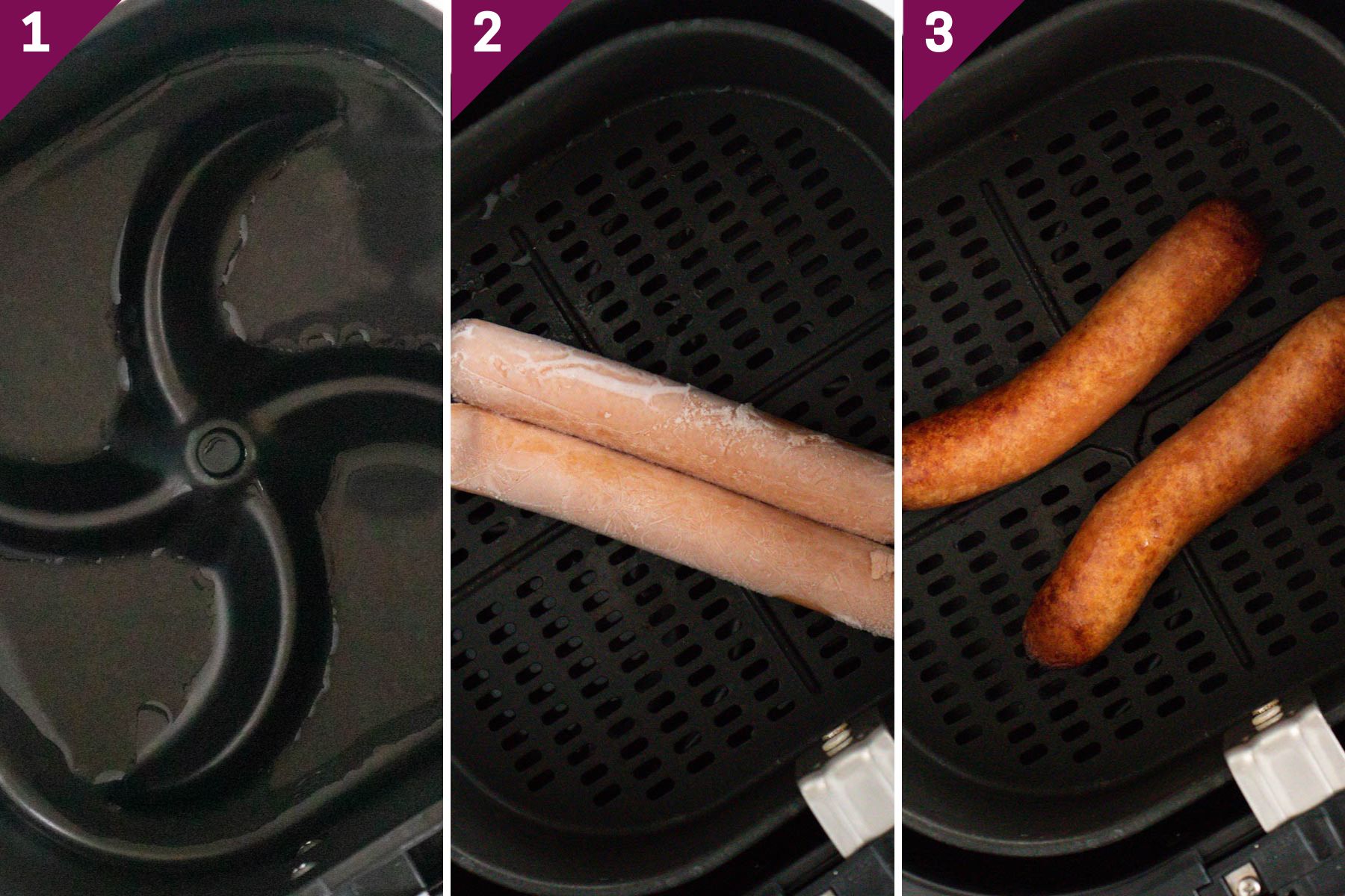 Collage showing how to cook frozen hot dogs in the air fryer.
