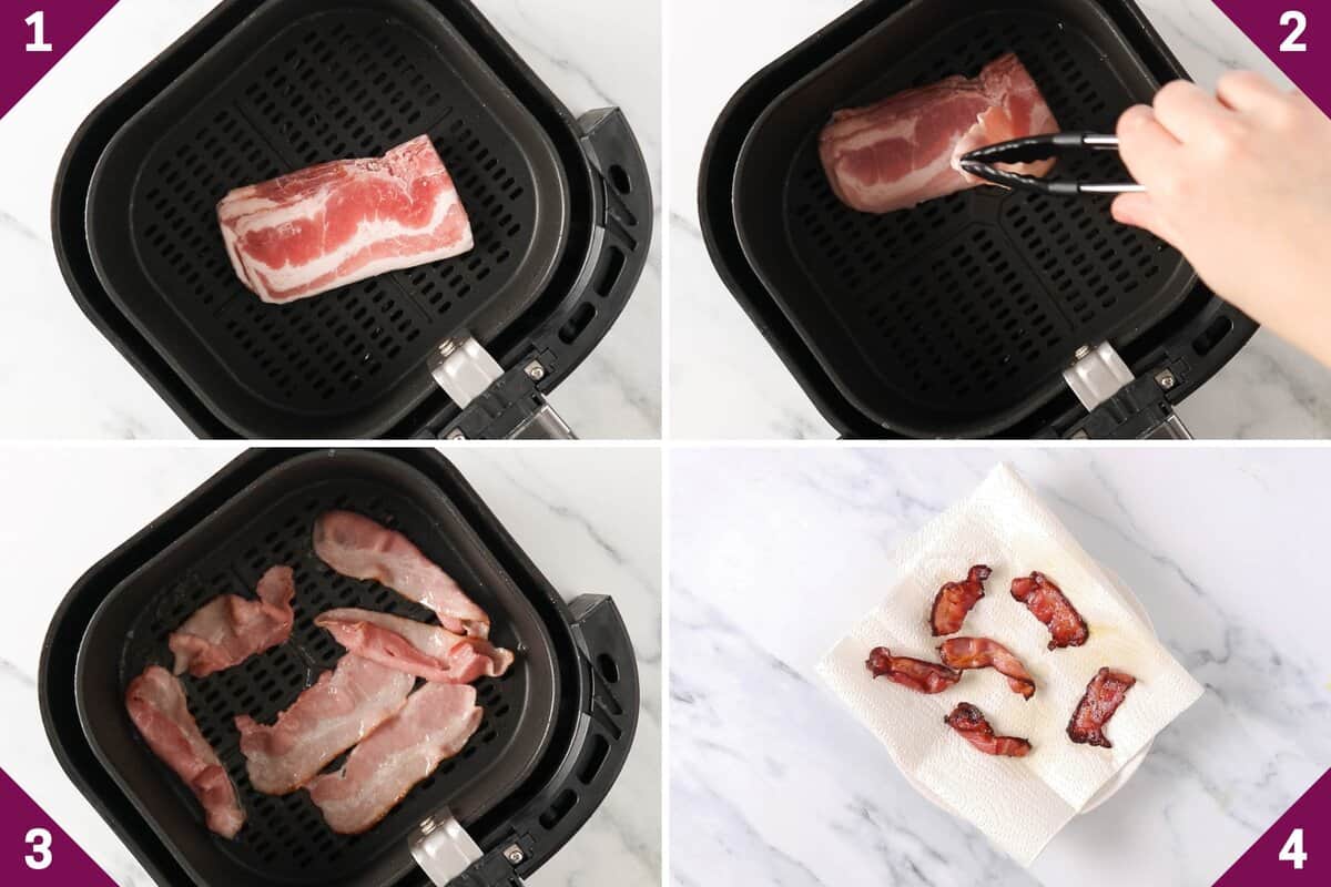 Collage showing how to cook frozen bacon in air fryer.