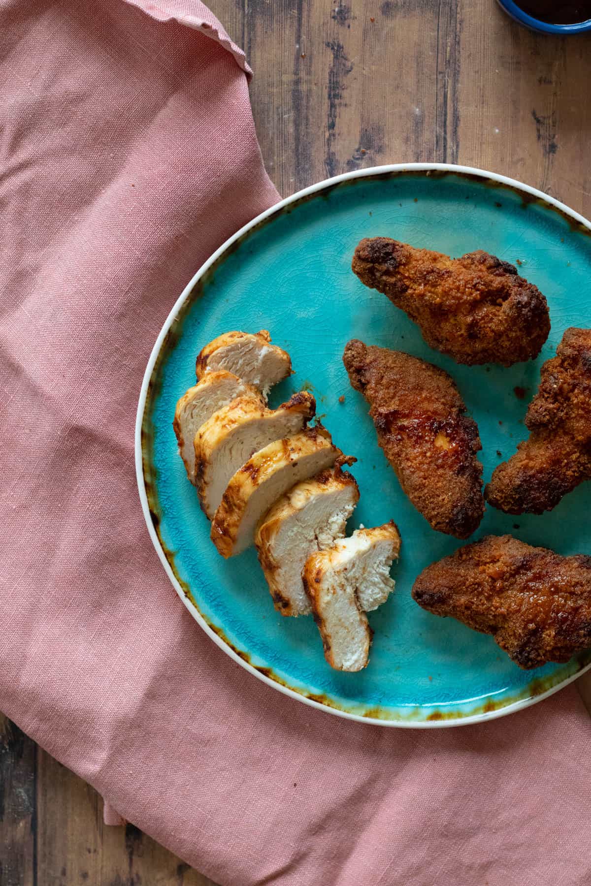 Two types of chicken cooked from frozen in the air fryer.