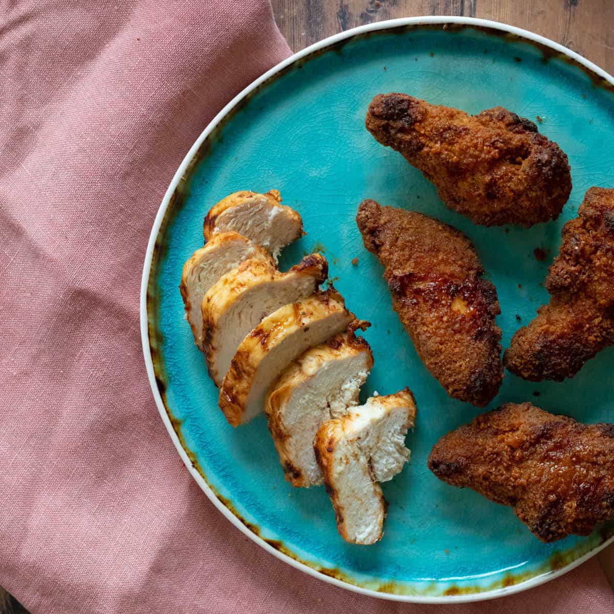 Two types of chicken cooked from frozen in the air fryer.